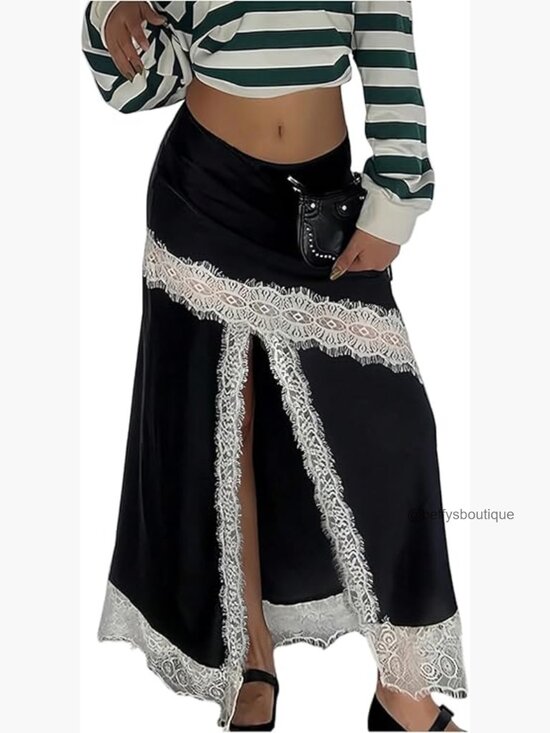 Dresses & Skirts - Lace High Slit Satin Maxi Skirt Elegant Festival Night Out Y2K